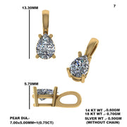 Gold earrings with pear-shaped diamonds, showing dimensions and weight details.